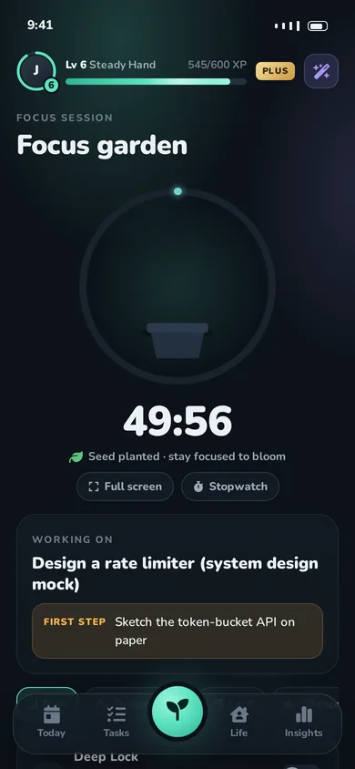 Focus garden: a timer with a growing plant