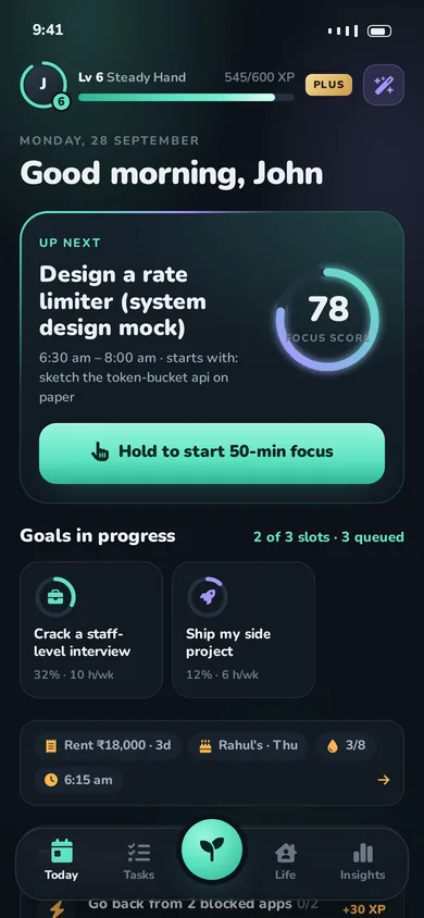 Anchor's Today screen: the next task, a focus score of 78 and a hold-to-start focus button